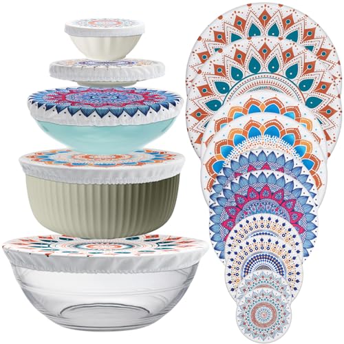 Wusboo Stoff Elastisch Abdeckhaube für Lebensmittel, 10 Abdeckhauben Lebensmittel Wiederverwendbar mit Gummizug, Lebensmittelechte Bedruckte Hüllen zum Abdecken von Schüsseln, Töpfen und Glasbehältern von Wusboo