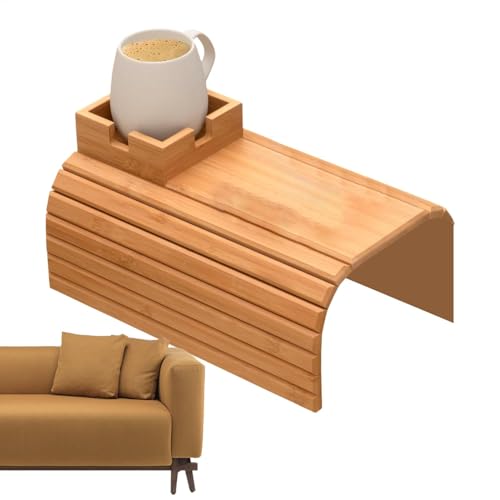 Faltbares Tablett mit Getränkehalter, abnehmbarer Anti-Rutsch-Couch-Arm-Tischtablett, Holz-Sofa-Becherarmhalter, rutschfester Getränkeuntersetzer, Couch-Arm-Becherhalter für Getränke und Snacks von Wusideday