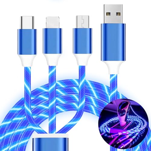 Wuucor 3-in-1 LED-Multi-Ladekabel, beleuchtetes Ladekabel, 2 A, USB-Kabel, beleuchtet, USB auf Typ-C/Micro-USB/Beleuchtung, kompatibel mit den meisten Smartphones (1,9 m blau) von Wuucor