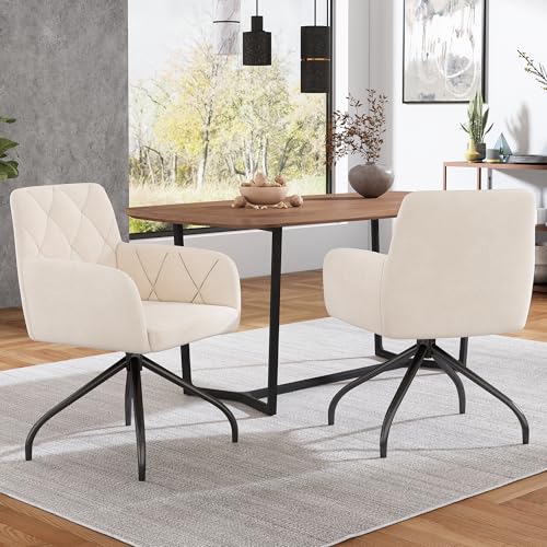 Wuudi 2er Set 360° Drehbarer Esszimmerstühle mit Rautenmuster,Gepolsterter Sessel mit 4 Metallbeinen,Moderner Lounge-Stuhl,Wohnzimmerstuhl für Shlafzimmer,Arbeitzimmer,Lendenwirbelstütze,Samt,Beige von Wuudi