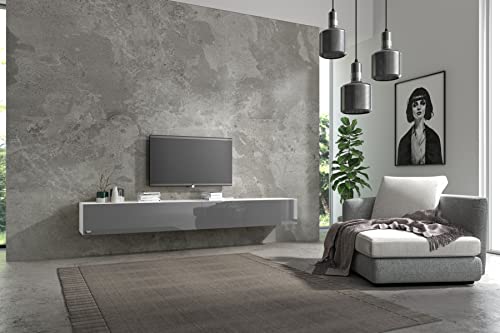 Wuun® Somero Korpus Weiß Hochglanz /100cm-280cm /Front Grau-Hochglanz/TV Lowboard TV Board Hängend Hängeschrank Wohnwand von Wuun