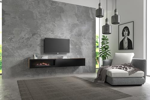 Wuun® TV-Schrank Lowboard Somero Kamin I 200cm I Hängeschrank | Somero Eiche - Schwarz-Matt I TV Lowboard Wohnzimmer von Wuun