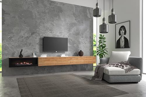 Wuun® TV-Schrank Lowboard Somero Kamin I 320cm I Hängeschrank | Somero Eiche - Eiche-Lamelle I TV Lowboard Wohnzimmer von Wuun