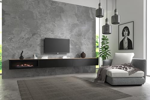 Wuun® TV-Schrank Lowboard Somero Kamin I 320cm I Hängeschrank | Somero Eiche - Schwarz-Matt I TV Lowboard Wohnzimmer von Wuun