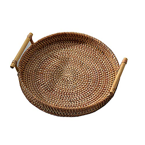 Handgewebte Rattan Serviertablett Rund, Serviertablett mit Griffen, Brotkorb Serviertablett, Frühstückstablett Rattan, Küchentablett mit Griff für Kaffee Frühstück Brot Essen Getränke Snacks, 22*3 cm von Wuuooei