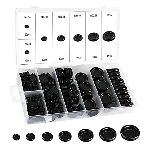 Karosseriestopfen Gummi, 170 Pcs 7 Größen Gummitülle Set, Blindstopfen Sortiment Schwarz, Gummitülle Kabeldurchführung, Verschlussstopfen Gummi mit Aufbewahrungsbox für Kabel Stecker Mechanische Plugs von Wuuooei