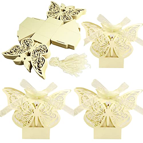 Klein Hochzeit Geschenkschachtel, 50 Stück Hochzeit Süßigkeiten Schachtel, Hochzeit Geschenkbox mit Schleife, Hochzeit Süßigkeiten Box, für Hochzeit Geburtstag Party (Beige) von Wuuooei