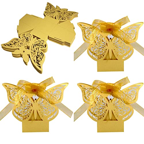 Klein Hochzeit Geschenkschachtel, 50 Stück Hochzeit Süßigkeiten Schachtel, Hochzeit Geschenkbox mit Schleife, Hochzeit Süßigkeiten Box, für Hochzeit Geburtstag Party (Gold) von Wuuooei