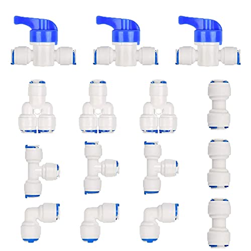 RO Wasserfilter Fitting, 15 Pcs 1/4" Adapter Fitting Verbindungsstück, Schlauchverbinder Kühlschrank, Wasserfilter Anschluss für Kühlschrankschlauch Wasserschlauch(Y+T+I+L Typ Combo + Absperrventil) von Wuuooei