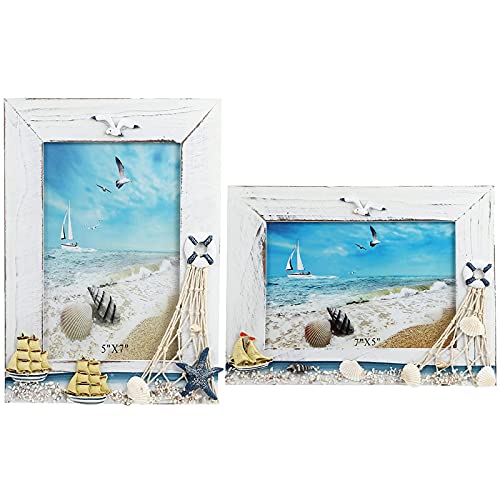 Tisch Fotorahmen 7", 2Pcs Holzrahmen für Fotos, Bilderrahmen Vertikal, Fotorahmen mit Standfuß, Holz Nautische Bilderrahmen mit Meeresstern Möwe Deko, Mediterranen Stil für Büro, Tischdekoration von Wuuooei