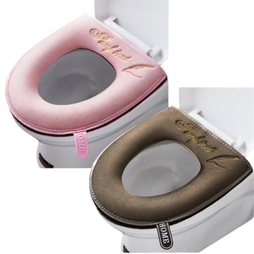 2 Stück Badezimmer Weiche Toilettensitzbezug Pad mit Griff Toilettendeckel Abdeckung Kissen Weich Dicker Waschbar Passend Für Alle Ovalen WC-Sitze (Rosa + Braun, Reißverschluss) von Wuyue Hua