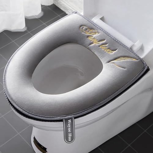 2 Stück dickere Badezimmer-Toilettensitzbezüge mit Griff, WC-Deckelbezug, Kissen, weich, dicker, waschbar, passend für alle ovalen WC-Sitze, grau 2 Stück dickere Badezimmer-Toilettensitzbezüge mit Griff, WC-Deckelbezug, Kissen, weich, dicker, waschbar, passend für alle ovalen WC-Sitze, grau von Wuyue Hua