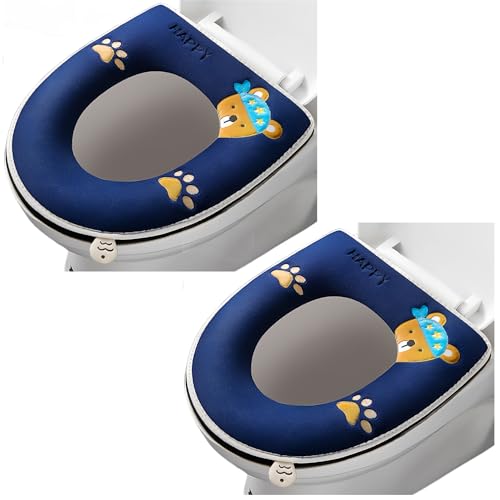 2 Stück dickere Badezimmer Weiche Toilettensitzbezug Pad mit Griff Toilettendeckel Abdeckung Kissen Weich Dicker Waschbar Passt auf alle ovalen WC-Sitze, Marineblau von Wuyue Hua
