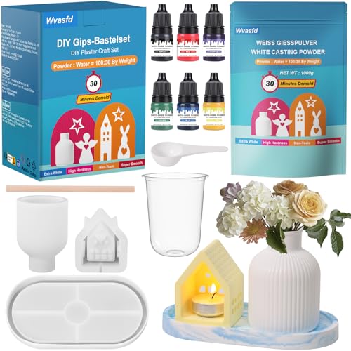 Wvasfd Gießpulver Starterset, 1000g Gießpulver weiß, 6 farbpigmente, 3 Silikonformen Gießformen, 30 Minuten Entformt, Reliefgießpulver zum Ausgießen, Set Anfänger für DIY Gießpulver Bastelset von Wvasfd