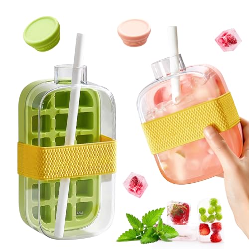 2 PCS Eiswürfel Flasche,Ice Cube Bottle,Eiswürfelbehälter Mit Deckel Und Behälter,Eiswürfelflasche Mit Deckel, 2 In 1 Ice Cube Tray, Water Bottle with Lid and Container (Rosa 500ml+Grün 800ml) von Wvu & Wvo