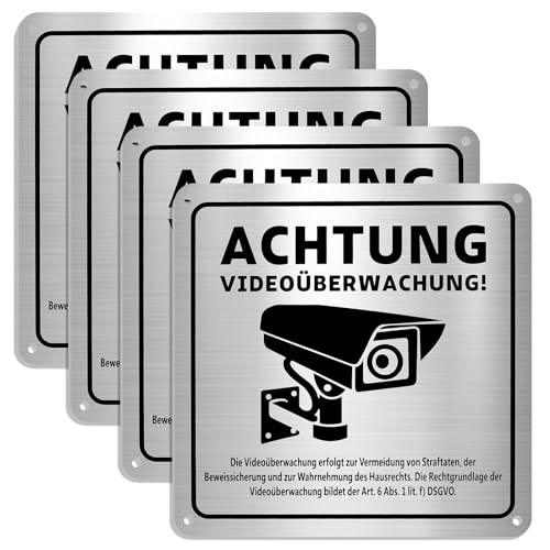 4 Stück Schild Videoüberwachung, Alu Achtung Videoüberwachung Schild, 15x15cm Schild Videoüberwachung Privatgrundstück mit Klebepad, für Überwachungskamera Oder Kamera Attrappe von Wvu & Wvo