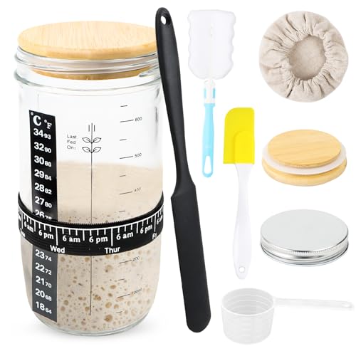 Sauerteig Starter Set, 700ml Sourdough-Gärglas mit Holzabdeckung, Edelstahlabdeckung, Stoffkappe, Positionierband, Temperaturaufkleber, Messlöffel, schwarzer Abstreifer, gelbes Mischmesser, Schwammbür von Wvu & Wvo