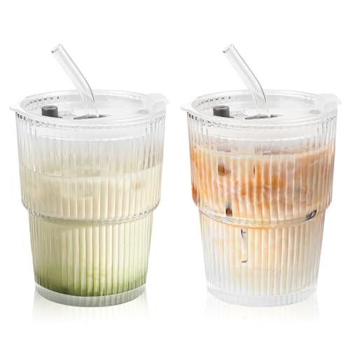 Wvu & Wvo 2 Stück 400ml Gläserbecher mit Deckel und Strohhalm, Luftdicht Wasserdicht Design Glasbecher Set, Glas Smoothie Becher Blasen Teetassen Saftglas Milchtrinkbecher für Saft, Milch, Kaffee von Wvu & Wvo