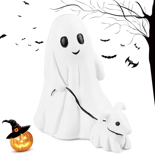 Wvu & Wvo Ghost Walking Dog Statue, Geisterspaziergang Hund Statue, Geisterhund Harz Figur Statue, Ghost Walking His Ghost Dog, Spooky Ghost Dog Halloween Figurine, Halloween Ghost Dekoration (A) von Wvu & Wvo