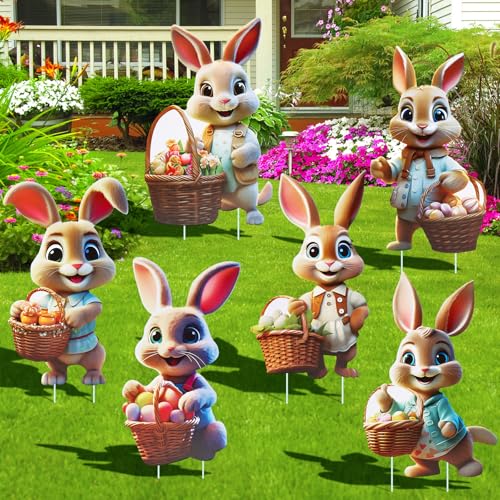 Wvu & Wvo Osterhasen Gartenstecker, 2D Ostern Werbeschilder, Ostern Hof Schild für Gartendeko, groß Osterdeko Outdoor, Ostereiersuche, frühlingsdeko draußen(35x22 cm, 6Pcs) von Wvu & Wvo