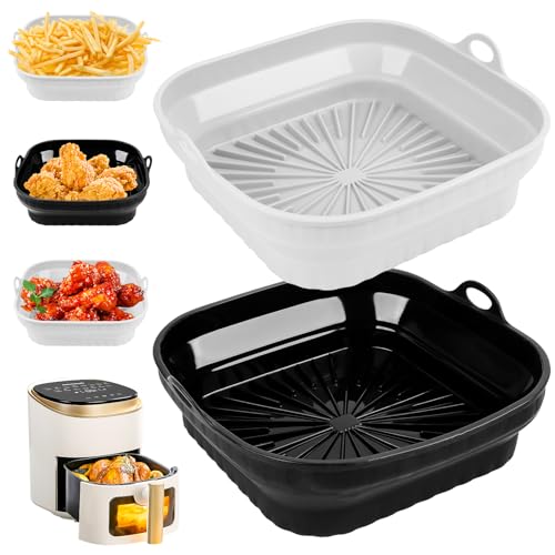 Wvu & Wvo Silikonform für Heißluftfritteuse | 2 Stück Faltbar Airfryer Silikonform | 20.5CM Wiederverwendbar anstelle Backpapier für Heißluftfritteuse Zubehör | Für Mikrowelle, Ofen(Grau+Schwarz) von Wvu & Wvo