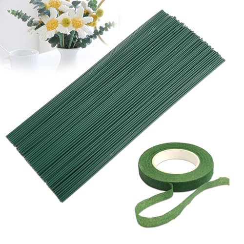 100 Stück Grüner Blumendraht 30cm, Grün Steckdraht, Blumenstamm Draht Grün, Kunststoffummantelter Steckdraht inklusive 1 Rolle Floristenband für DIY Blumenarrangements, Künstliche Blumen von Wvxilyr