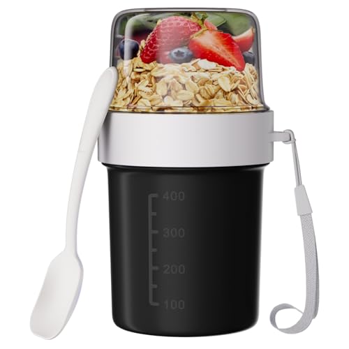 Wwtop Müslibecher to Go mit Löffel, 560ml+310ml Auslaufsichere Joghurtbecher to Go, 2 in1 Müsli to Go Becher, Praktischer Müslidose Müslibox für Kinder Erwachsene Unterwegs (Schwarz) von Wwtop