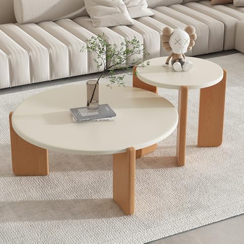 Modernes Rundes Couchtisch 2er-Set, Weißbraunes Holz Satztische 2er-Set Couchtisch-Set mit Rund Beistelltisch 2-Teiliger Kreis Kaffeetisch und Beistelltisch für Wohnzimmer (Weiß) von Wxnnx
