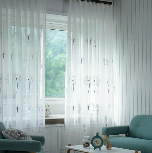 Vorhang Gardinen 2er Set Blau Weiß Voile Pusteblume Bestickt H183 x B102 cm (2er Pack) Gaze von Wycian