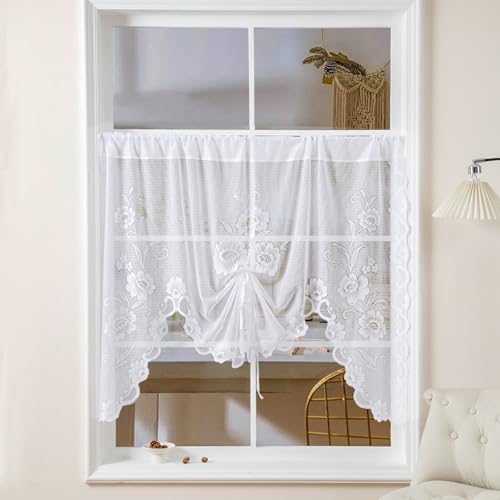 Vorhang Kurz Wohnzimmer Vorhang Kurz Weiß Voile 1er Spitze mit Blumenmuster H100 x B180 cm (1er) Polyester von Wycian