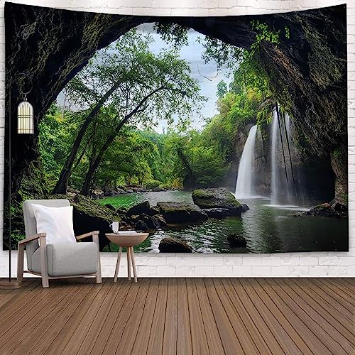 Wandbehang Grün, Wandteppich Natur Wasserfall Wandtuch Dschungel Tapestry Mountains Wandteppich Felsen Mikrofaser Waschbar Tapisserie XXL 300X260cm von Wycian