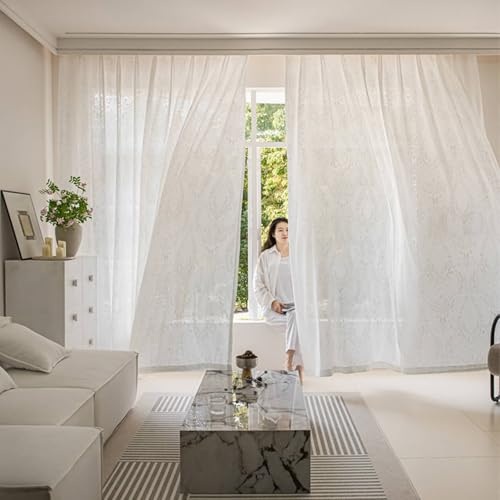 Wycian Curtains for Bedroom Vorhänge Beige Voile 2er Pack Jacquard-Blumenmuster H214 x B86 cm (2er Pack) Polyester von Wycian