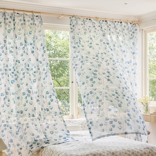 Wycian Deko Boho Style Gardinen 2er Set Blau Voile mit Blattzweigen Muster H147 x B107 cm (2er Pack) Polyester von Wycian