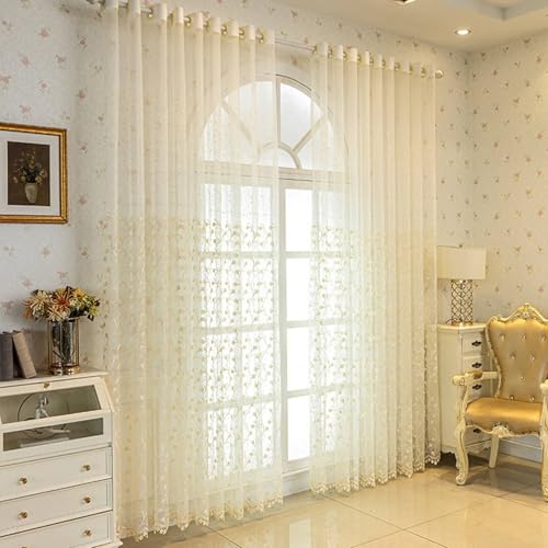 Wycian Fensterdekoration Ösenvorhang Creme Beige Voile 2er Pack mit Blumenranken Bestickt H214 x B137 cm (2er Pack) Polyester von Wycian