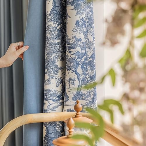 Wycian Küchenvorhänge Makramee Deko Blau Verdunkelung 2er Pack Kombination Aus Volltonfarbe und Blumenmuster H214 x B137 cm (2er Pack) Chenille von Wycian