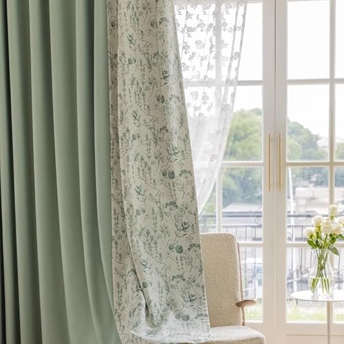 Wycian Landhausstil Gardinen Grün Verdunkelung 2er Pack Kombination Aus Volltonfarbe und Blumenmuster H183 x B107 cm (2er Pack) Chenille von Wycian