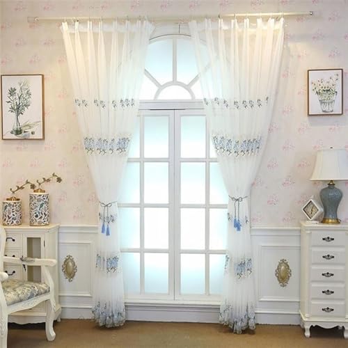 Wycian Landhausstil Organdy Vorhang Hellblau 2er Pack Stickmuster H138 x B86 cm (2er Pack) Polyester von Wycian