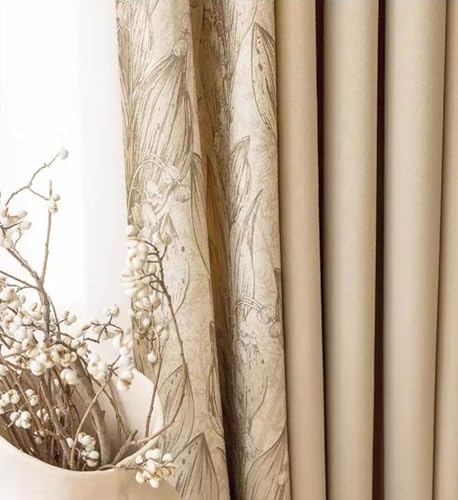 Wycian Vorhänge Kurz Landhausstil Gardine Kurz Verdunkelung Khaki 2er Pack Kombination Aus Volltonfarbe und Blumenmuster H115 x B132 cm (2er Pack) Chenille von Wycian