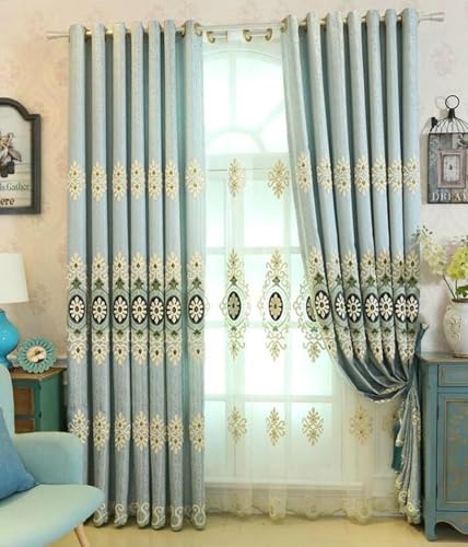 Wycian Vorhang Art Deco Vorhang Blau Verdunkelung 2er Pack Blumen Bestickt H274 x B137 cm (2er Pack) Polyester von Wycian