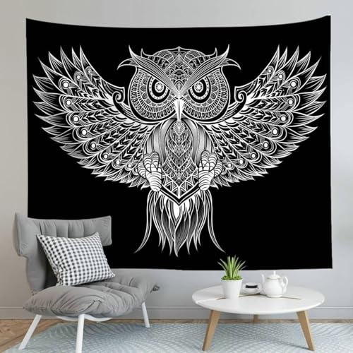 Wycian Wandteppich Psychedelic Trippy Wandteppich Indisch Schwarz Weiss Eule Hippie Mikrofaser Wanddecke Deko Upgrade Weich 200X150cm （Breite x Höhe） von Wycian