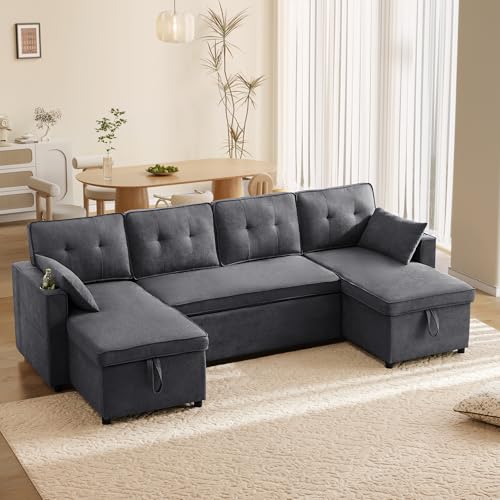 Wyibwy 4-Sitzer-Sofa mit ausziehbarer Bettfunktion, gepolstertes U-förmiges Sofa mit Getränkehalter und zwei Ablagefächern, Stoff aus Baumwolle und Leinen, 270 x 130 x 86 cm, für Wohnzimmer/Wohnung von Wyibwy