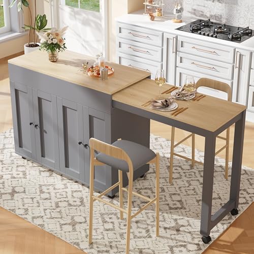 Wyibwy Ausziehbarer Bartisch 118-180 × 50 × 94 cm, ausziehbare Kücheninsel mit Stauraum und sechs Ablagen, Bistrotisch, für Esszimmer, als Raumteiler für Wohnzimmer, Grau von Wyibwy