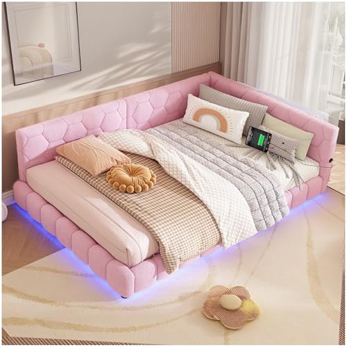 Wyibwy Doppelbett, 140 x 200 cm, Umgebungslicht in 16 Farben, USB-Anschluss, Typ-C, gepolstertes Bett, Doppelbettgestell, Komfortmaterial, Wollimitat, Rosa (ohne Matratze) von Wyibwy