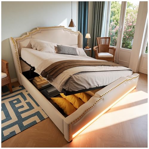 Wyibwy Doppelbett, 160 x 200 cm, mit hydraulischem Behälter, LED-Beleuchtung und USB-Ladeanschluss, gepolstert, Jugendbett mit Lattenrost, Velours, ohne Matratze, beige Wyibwy Doppelbett, 160 x 200 cm, mit hydraulischem Behälter, LED-Beleuchtung und USB-Ladeanschluss, gepolstert, Jugendbett mit Lattenrost, Velours, ohne Matratze, beige von Wyibwy