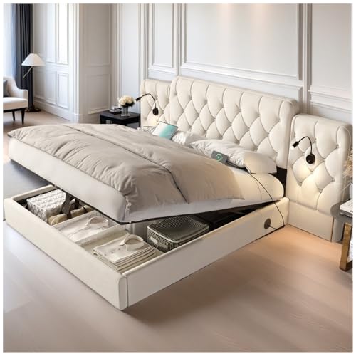 Wyibwy Doppelbett, 180 x 200 cm, mit langem Kopfteil und 2 USB-Anschlüssen, Tischlampe, Hydraulik, Schublade unten, Samt, beige (ohne Matratze) von Wyibwy