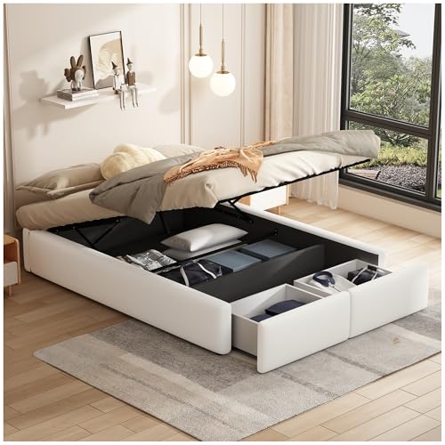 Wyibwy Doppelbett 140x200 cm mit Hydraulikschrank und 2 Schubladen Plattformbett Polsterbett ohne Kopfteil Leinen ohne Matratze Weiß von Wyibwy