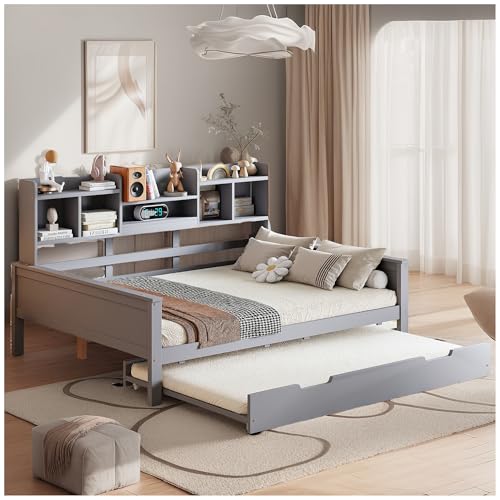 Wyibwy Doppelbett 140x200CM, mit Stauraum und Lattenrost, Ausziehbett aus Massivholz, Multifunktionsbett aus Kiefernholz, Holzbett, ohne Matratze, Grau Wyibwy Doppelbett 140x200CM, mit Stauraum und Lattenrost, Ausziehbett aus Massivholz, Multifunktionsbett aus Kiefernholz, Holzbett, ohne Matratze, Grau von Wyibwy