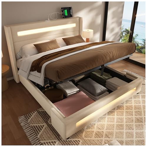 Wyibwy Doppelbett mit Matratze 180x200 cm, LED-Beleuchtung, Hydraulikbehälterfach und USB Type-C Ladefunktion, Leinenbezug, Ohne Matratze (Beige) von Wyibwy