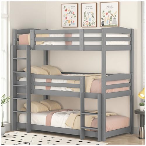 Wyibwy Dreistöckiges Holzbett 90x200 cm, umwandelbar in zwei separate Betten, geeignet für Kinder oder als Einzelbett, Matratze nicht im Lieferumfang enthalten, Grau von Wyibwy