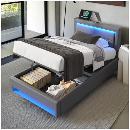 Wyibwy Einzelbett, 90 x 200 cm, mit USB-Anschluss, unterstützt kabelloses und kabelgebundenes Aufladen, LED-Beleuchtung, hydraulisches Lagerungsnetz, gepolstert, PU, Grau (ohne Matratze) von Wyibwy